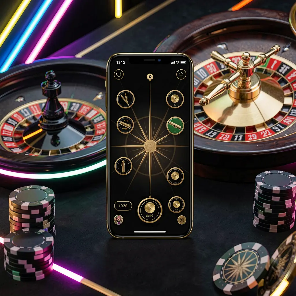 MM 98 mobile casino application scene featuring a phone in the center with a roulette wheel and poker chips in the background, illuminated by glowing neon lights in a premium black and gold style