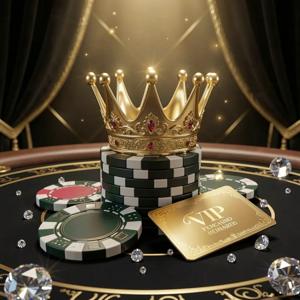 Elegant golden crown on poker chips with sparkling diamonds and a premium MM 98 membership card against a luxury black and gold background, creating an exclusive high-end casino atmosphere