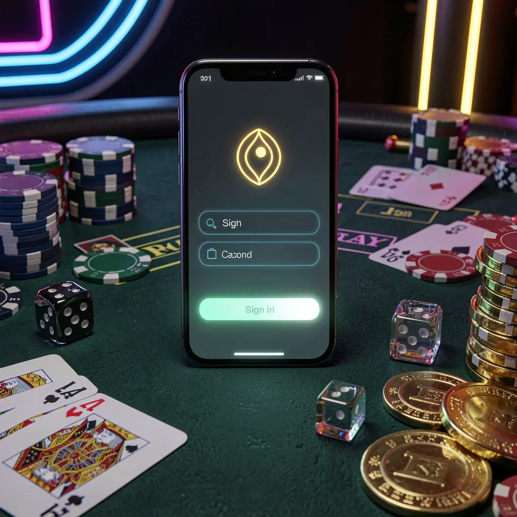 MM 98 casino account sign in scene with a glowing smartphone on a casino table surrounded by cards, chips, dice, and gold coins, set against an elegant dark background with neon highlights in a realistic 3D render