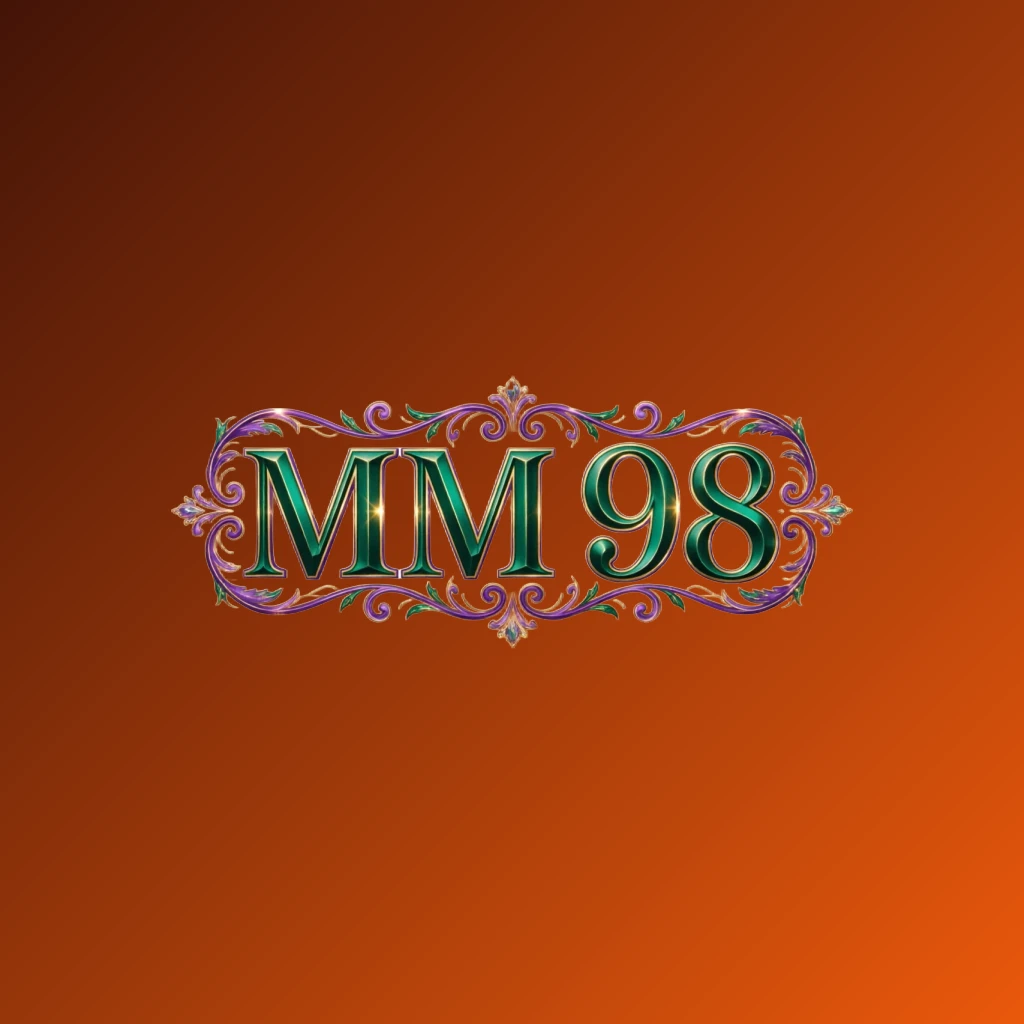 Luxury colorful MM 98 logo featuring bold serif typography in rich emerald, violet, and gold with elegant glowing ornaments, designed as a premium brand identity on a transparent background in a wide horizontal rectangular wordmark format