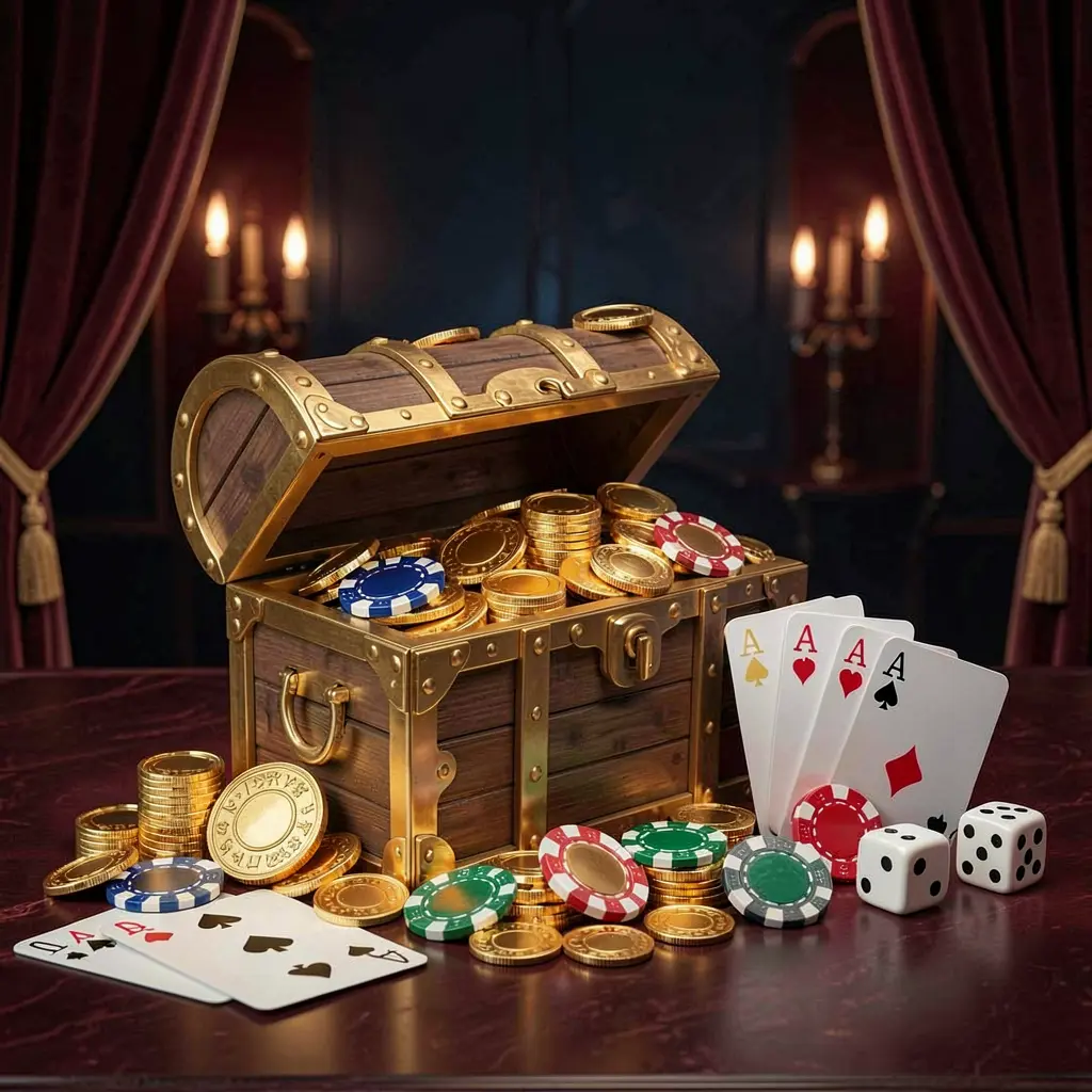 MM 98 online casino welcome banner featuring a treasure chest filled with golden coins and casino chips, playing cards and dice nearby against a dark luxury background with a festive premium atmosphere